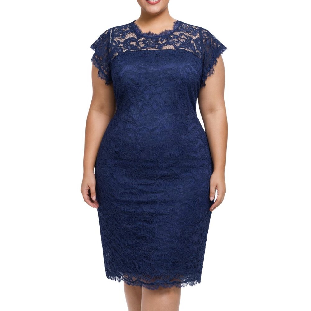 Adrianna Papell Navy Blue Lace Flutter Sleeve Sheath Dress 22W